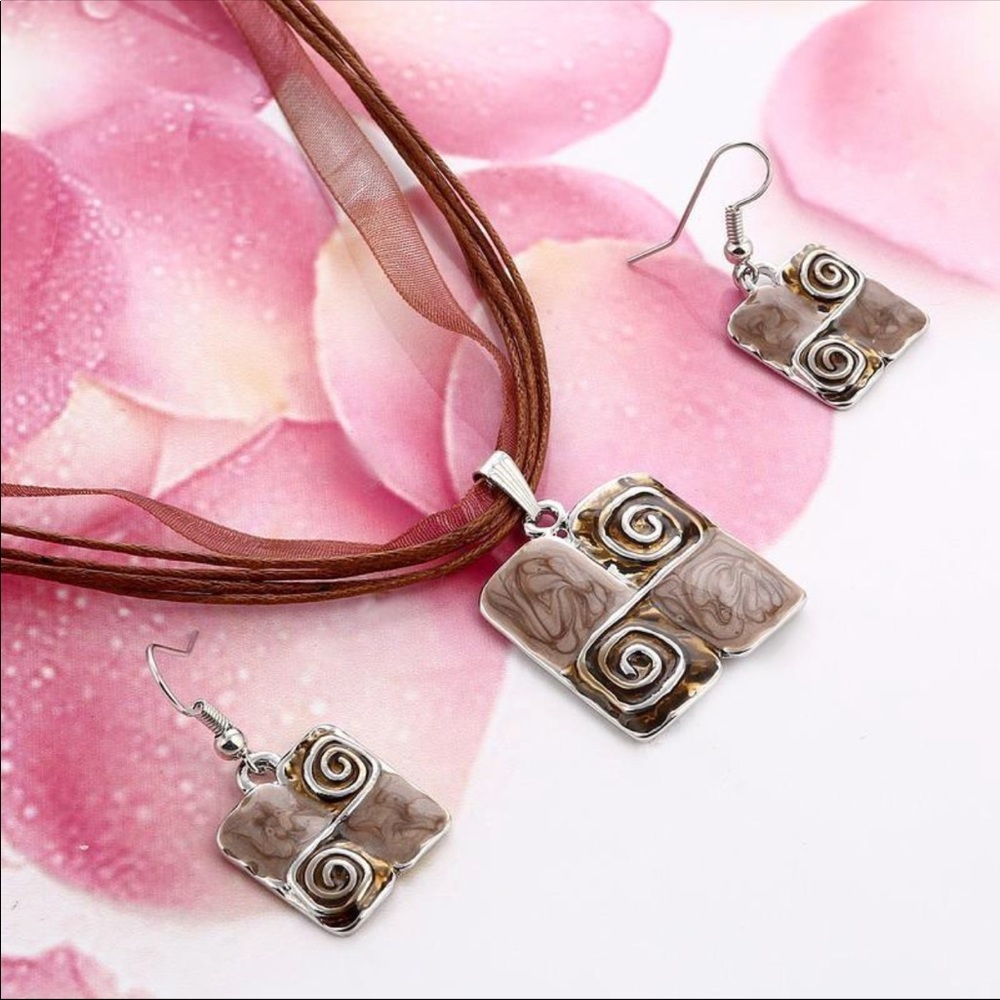 Leather Squares Necklace And Matching Earrings Set